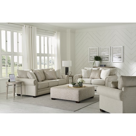 Transitional 4-Piece Living Room Set with Rolled Arms and Ottoman