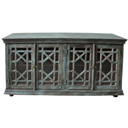 Guru Washed Green 4-Door Sideboard with Glass Door Fronts