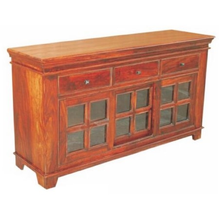 Transitional Glass Paneled Sliding 3-Door 3-Drawer Sideboard