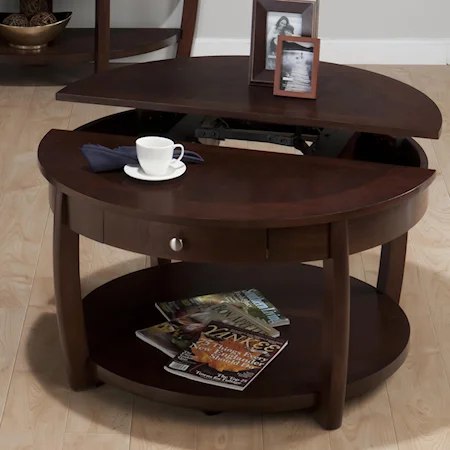 Round Lift-Top Cocktail Table with Shelf, Drawer & Casters