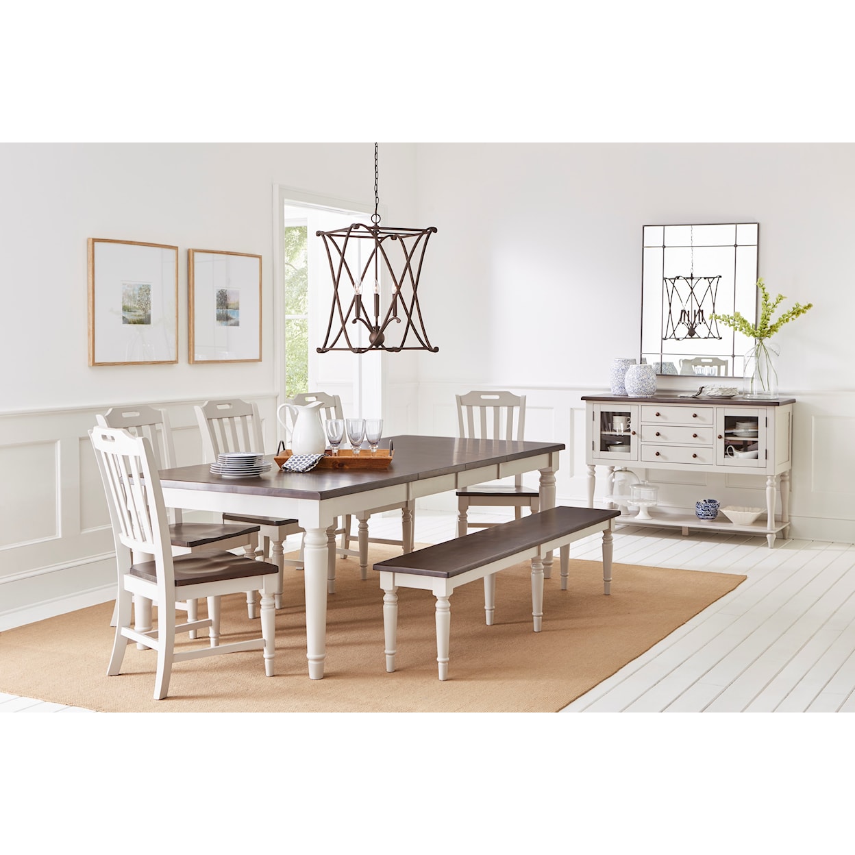 Jofran Orchard Park Dining Table with 6 Chairs and Bench