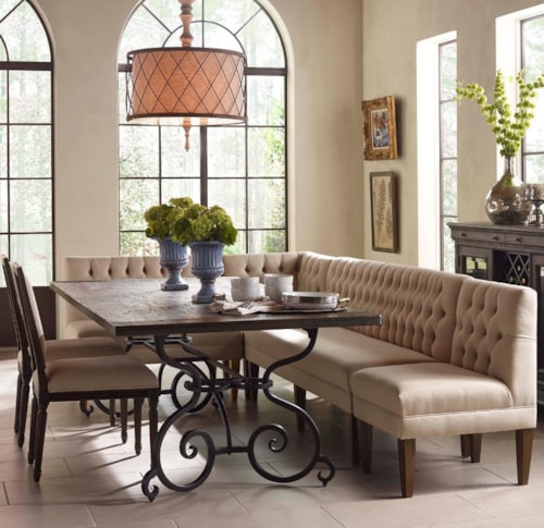 Seven Piece Rectangular Table with Upholstered Banquette and French Side Chairs