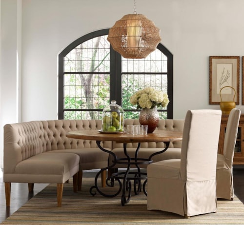 Six Piece Round Table with Upholstered Banquette and Host Chairs