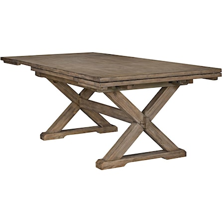 Rustic Weathered Gray Saw Buck Dining Table with Self-Storing Refectory Leaves