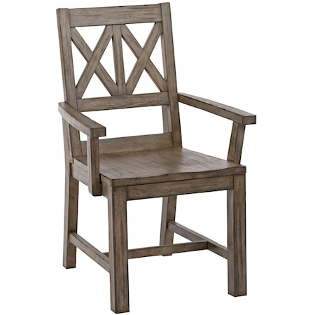 Rustic Solid Wood Arm Chair with Weathered Gray Finish and X-Lattice Back