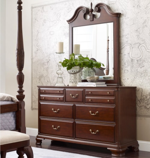 Traditional Dresser and Mirror Set with Bureau and Pediment Mirror