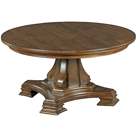 Round Solid Wood Cocktail Table with Tuscan-inspired Carved Pedestal Base