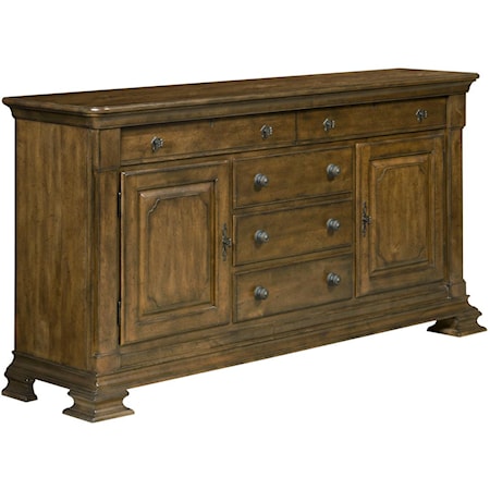 Solid Wood Credenza with Brass Keyplate Hardware and Felt-Lined Silverware Tray