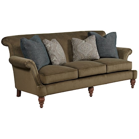 Traditional Sofa with 3 Seat Cushions and Scrolled Arms with Nailheads