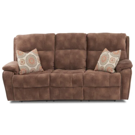 Casual Power Reclining Sofa with Nails, Power Headrests, USB Charging Ports, Toss Pillows