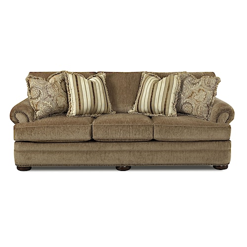 Klaussner Tolbert Traditional Sofa with Rolled Arms and Fringe Pillows - Godby Home Furnishings ...
