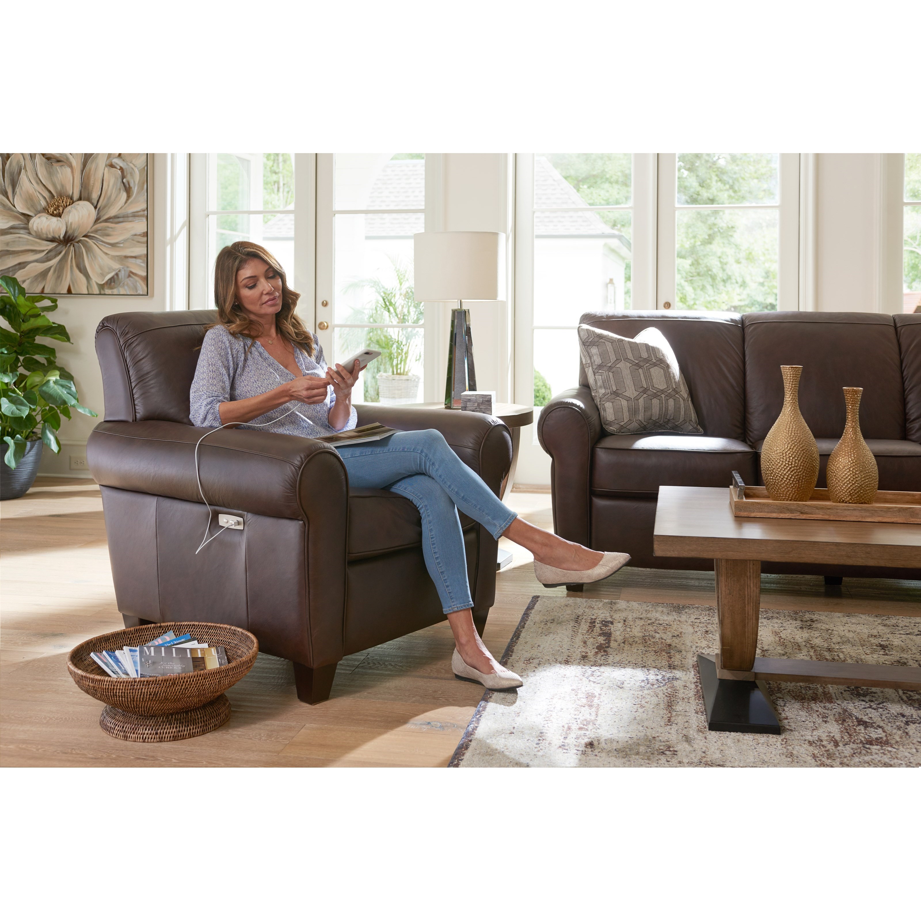 La Z Boy Bennett P94899 Duo Power Reclining Chair with USB Charging Port Factory Direct Furniture Recliner High Leg