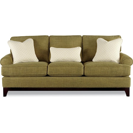 Contemporary Stationary Sofa with Rolled Arms and Exposed Wood Base