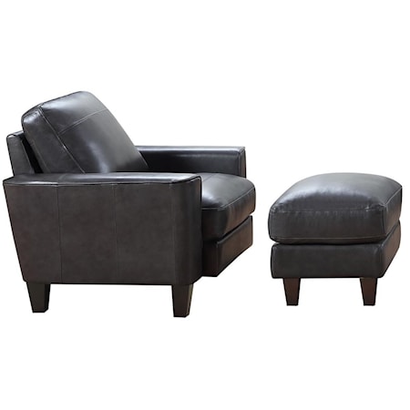 Contemporary Chino Leather Chair and Ottoman Set