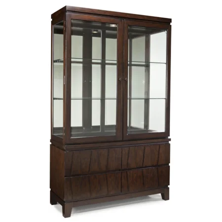 China Display Case with Mirror Back, Touch Lighting and Art Deco Patterned Storage Base