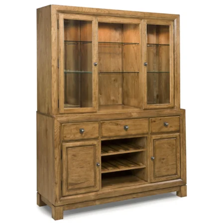 Serving Credenza and Display Hutch Set with Mirrored Back Side Doors and Touch Lighting