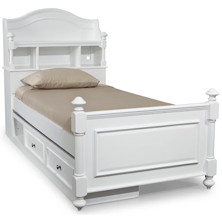 Twin Size Bookcase Bed with Turned Posts, Arched Headboard and Underbed Storage Unit