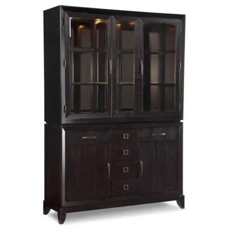 Credenza and Glass Display Hutch Set with Glass Shelves, Plate Grooves and Dim Lighting