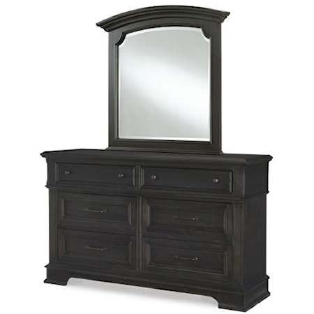 Transitional 6 Drawer Dresser and Arched Mirror Set