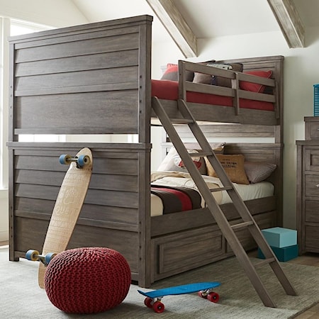 Rustic Casual Full over Full Bunk Bed with Trundle Storage Drawer