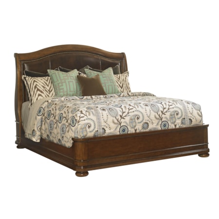 California King Chandler Mills Upholstered Sleigh Bed with Leather and Nailhead Trim