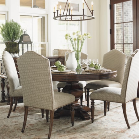Six Piece Dining Set with Round Table and Upholstered Hostess Chairs
