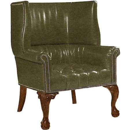 Customizable Cardiff Leather-Upholstered Shelter Wing Chair with Hand-Tufted Seat & Ruched Back