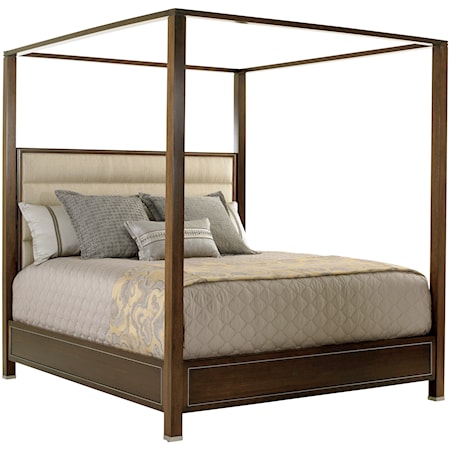 Terranea Queen Poster Bed with Headboard Upholstered in Wheat Fabric