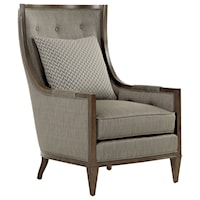 Contemporary Greenwood Wing Chair with Button Tufting and Exposed Wood Trim