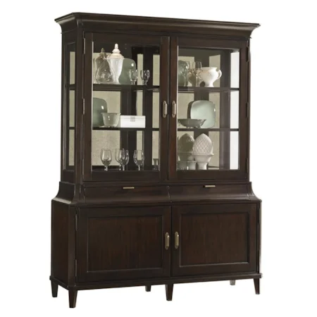 Transitional Grove Park Display Cabinet with Antique Mirror Back and Touch Lighting