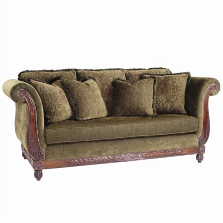Danbury Upholstered Sofa with Carved Wood Details