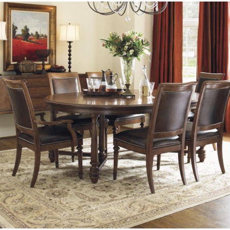 Seven-Piece Salem Round Leg Dining Table & Columbia Leather-Upholstered Chairs with Decorative Nailhead Trim Set