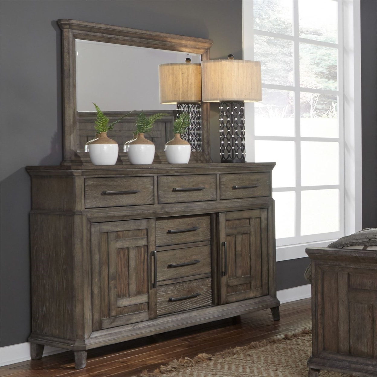 Liberty Furniture Artisan Prairie 6 Drawer 2 Door Dresser with Mirror