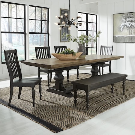 Transitional 6-Piece Trestle Table Set with 20" Self-Storing Leaf