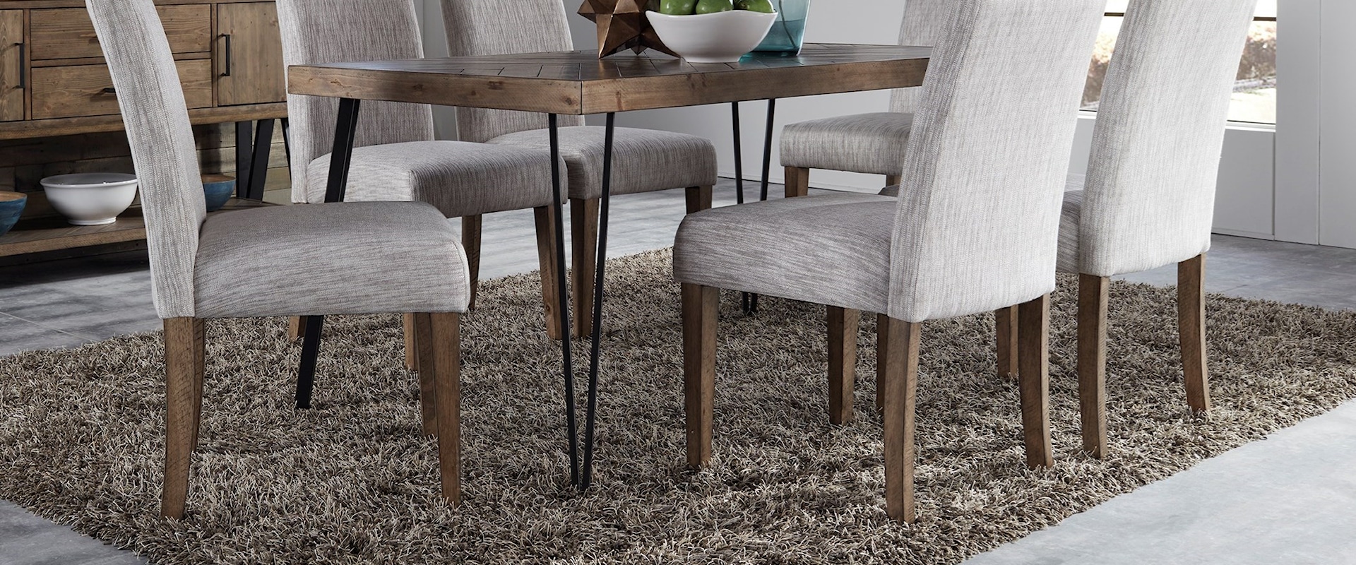 Contemporary Table and Upholstered Chair Set with Herringbone Parquet Pattern