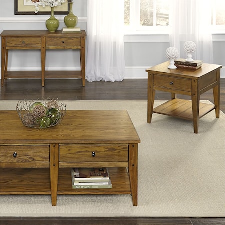 Casual 2-Drawer Cocktail Table and End Table Set - Oak