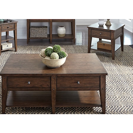 Casual 2-Drawer Cocktail Table and End Table Set - Rustic Brown Oak