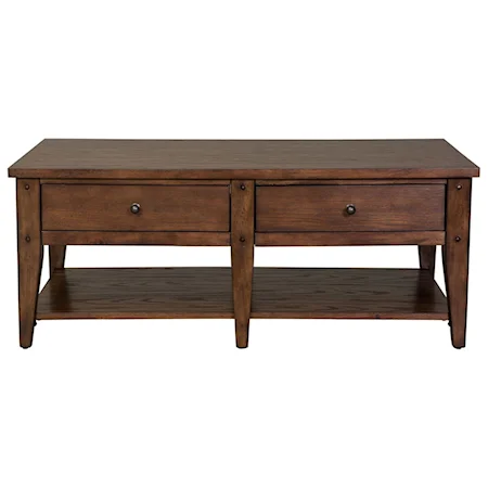 Casual 2-Drawer Cocktail Table with Open Shelf - Rustic Brown Oak