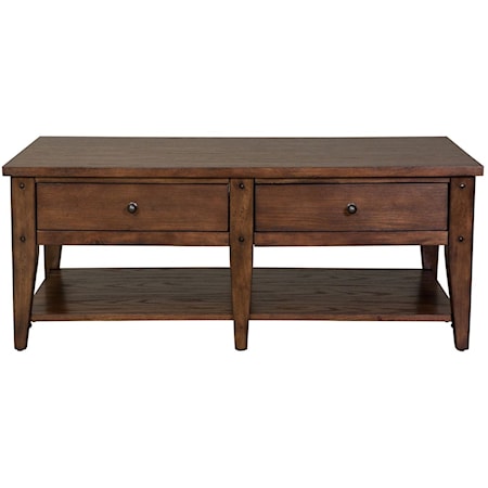 Casual 2-Drawer Cocktail Table with Open Shelf - Rustic Brown Oak