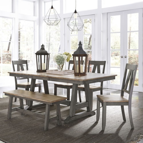 Farmhouse Two-Toned 6-Piece Trestle Table Set
