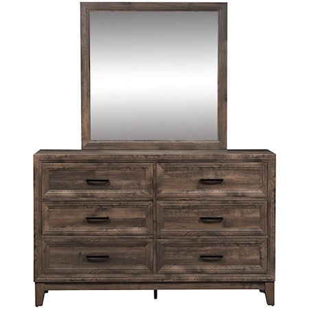 Casual Dresser and Mirror Set with Antique Brass Handles