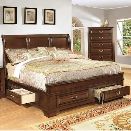 California King Transitional Panel Bed with Side and Footboard Storage Drawers