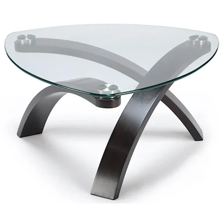 Contemporary Cocktail Table With Glass Top and Bent Wood Legs