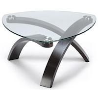 Pie-Shaped Cocktail Table With Glass Top and Bent Wood Legs