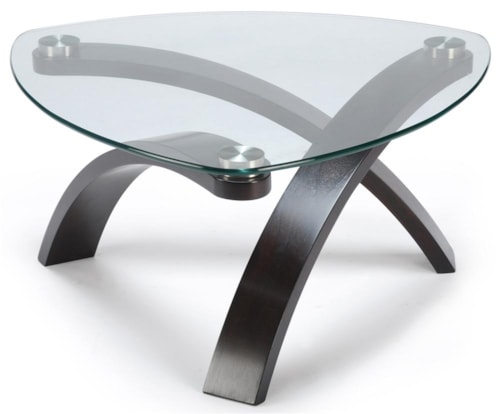 Contemporary Cocktail Table With Glass Top and Bent Wood Legs
