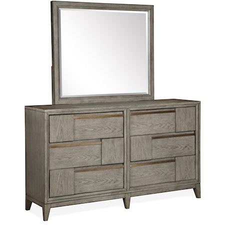 Contemporary 6-Drawer Dresser and Mirror Combination with 2 Felt-Lined Top Drawers
