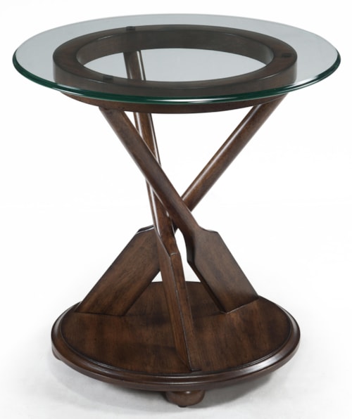 Nautical Round End Table with Three-Oar Pedestal and Tempered Glass Top