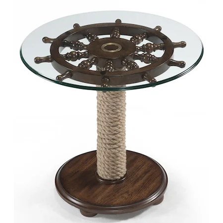 Nautical Round Accent Table with Tempered Glass Top, Ship Wheel and Wound Rope Pedestal