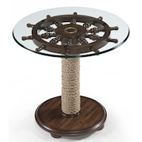 Nautical Round Accent Table with Tempered Glass Top, Ship Wheel and Wound Rope Pedestal