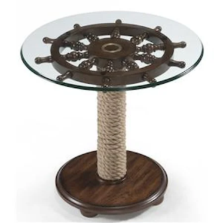 Round Accent Table with Tempered Glass Top, Ship Wheel and Wound Rope Pedestal